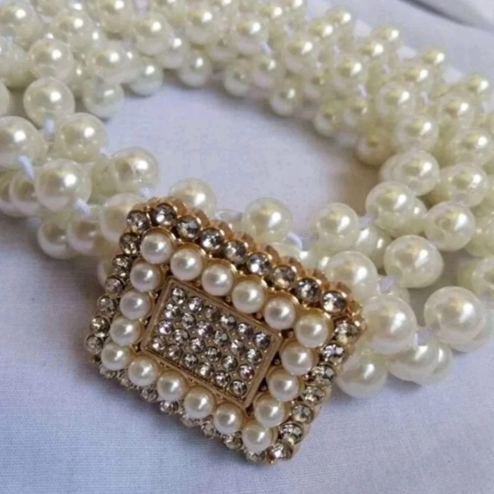 Faux‎ white pearl beaded square buckle elegant elastic stretch waist belt
